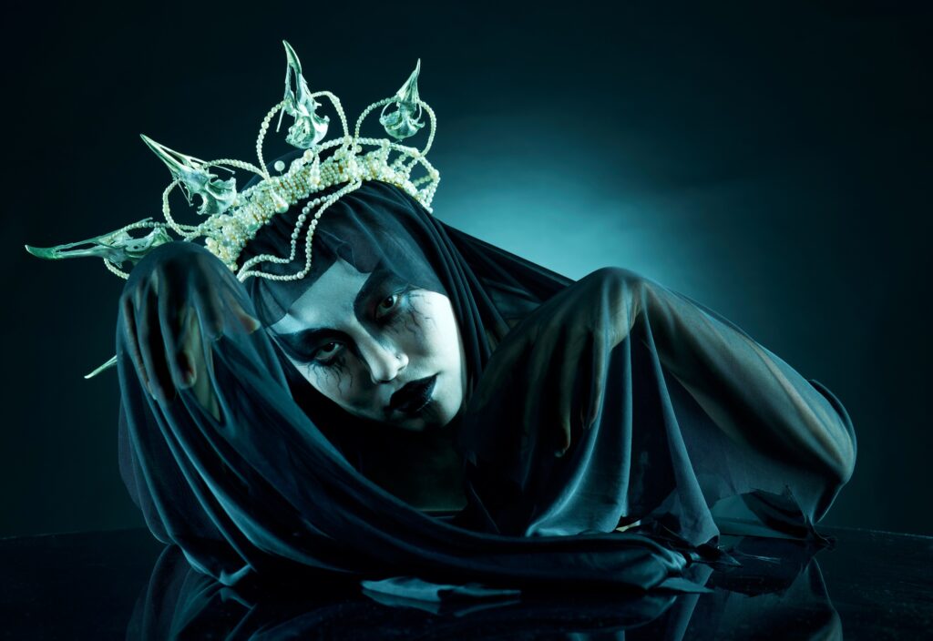 Veil, dark and fantasy with portrait of queen for evil makeup, fashion and horror art. Creative, my